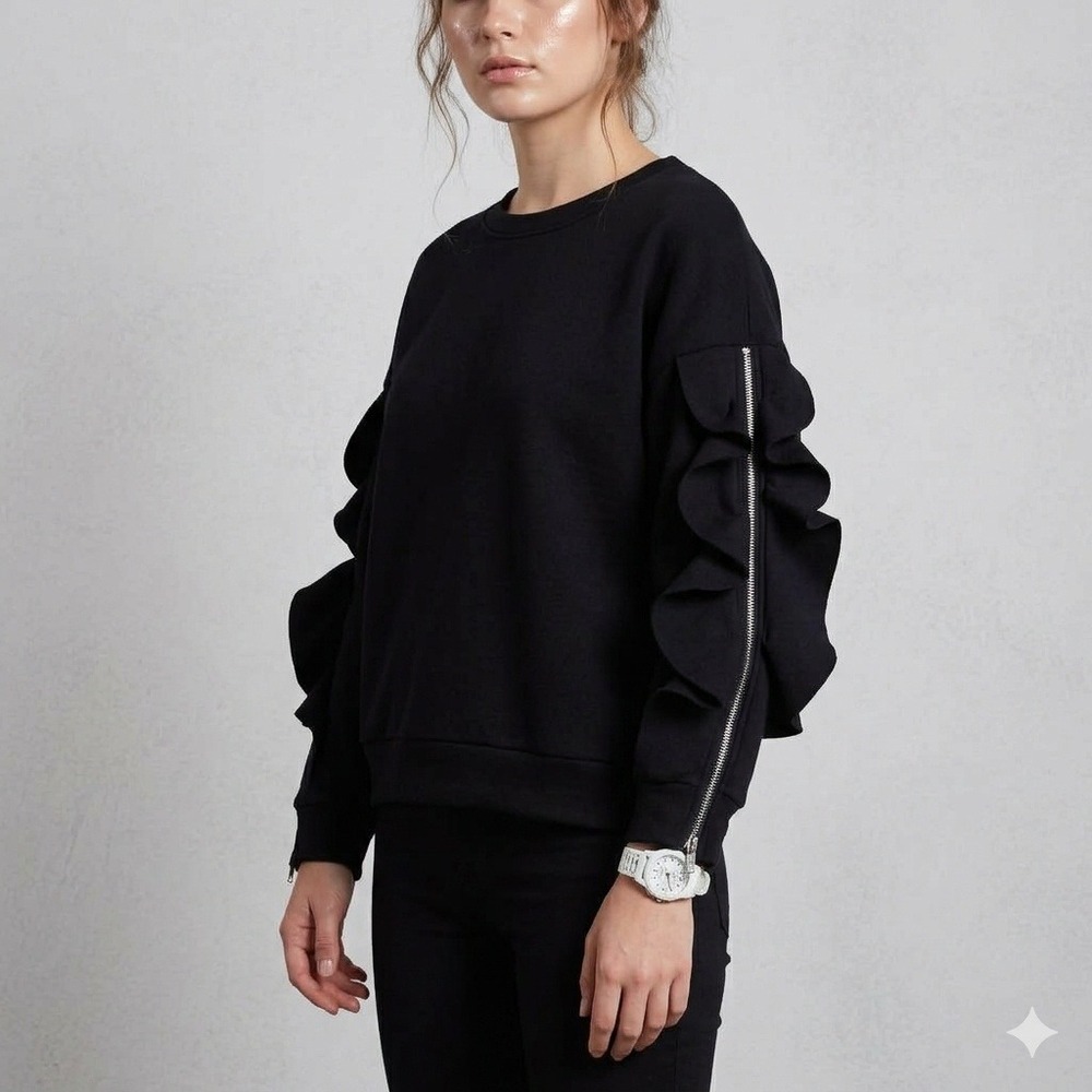 NWT Gabby Isabella Posh Sweatshirt Womens L Black Ruffle Zipper Sleeve Scuba